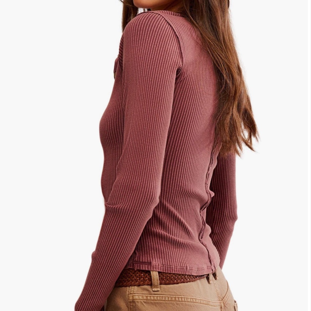 Free People NWT It's On Long Sleeve Button Down Thermal Ribbed Shirt large - Picture 7 of 15